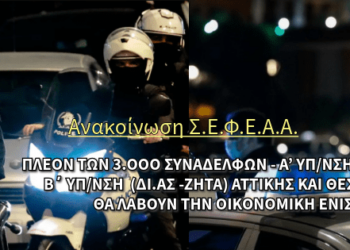 Πλέον των 3.000 συναδέλφων – Α’ Υπ/νση (Περιπολικά) Β΄ Υπ/νση (ΔΙ.ΑΣ -ΖΗΤΑ) Αττικής και Θεσσαλονίκης θα λάβουν την οικονομική ενίσχυση